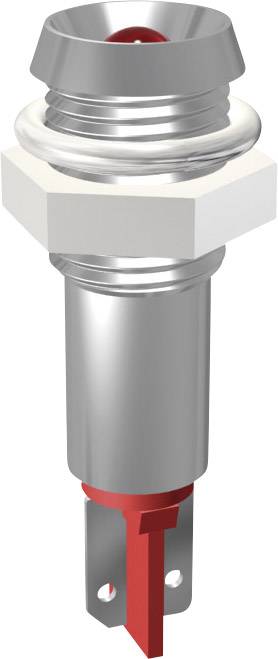 Metal push button with red button, suitable for electronic applications, demonstrates on-off switch mechanism.