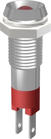 A round metal push button with a red marking along the bottom edge and two connection pins, likely an electrical component.
