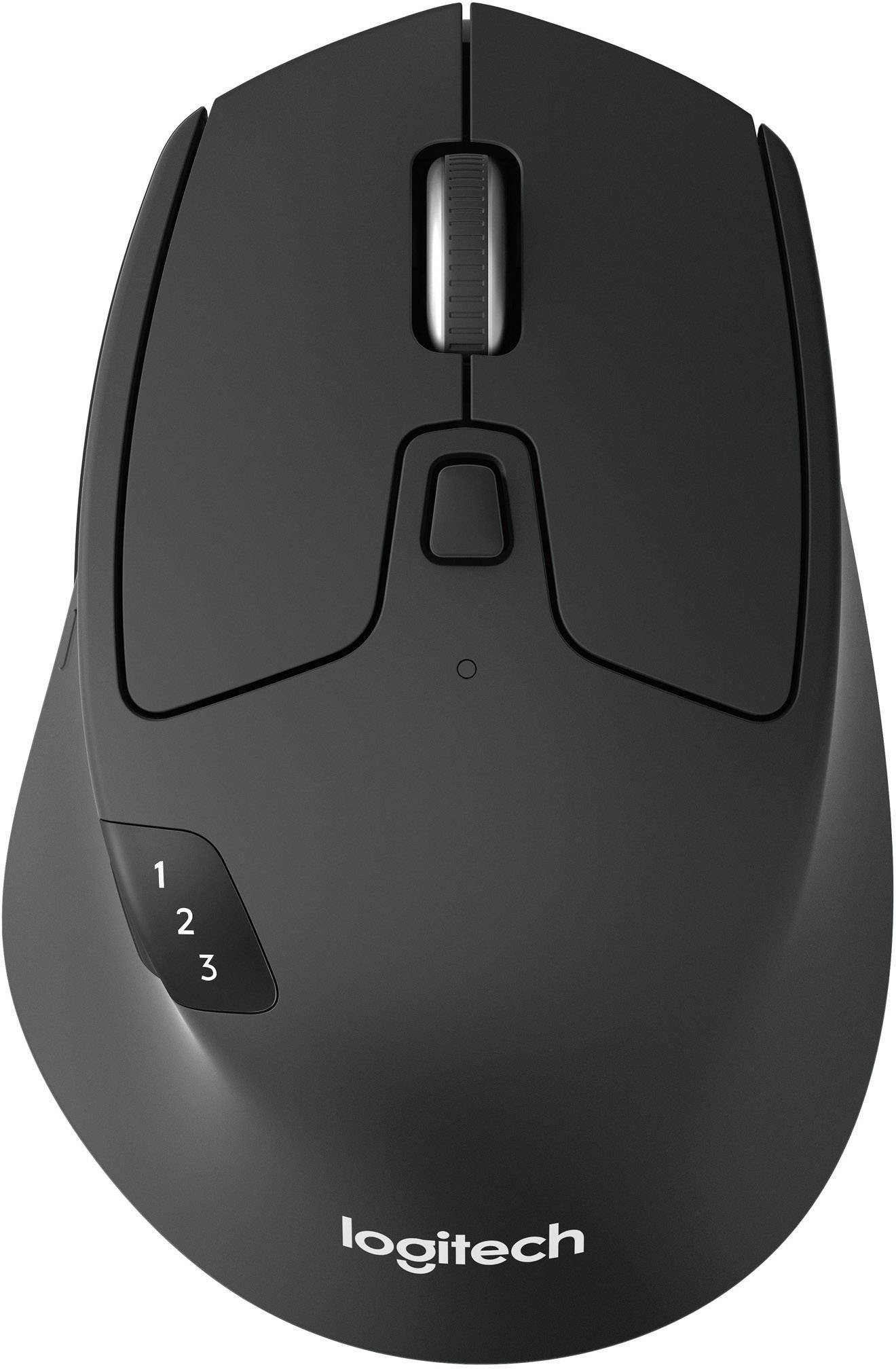 Black computer mouse viewed from above, with scroll wheel and three numbered buttons on the side.