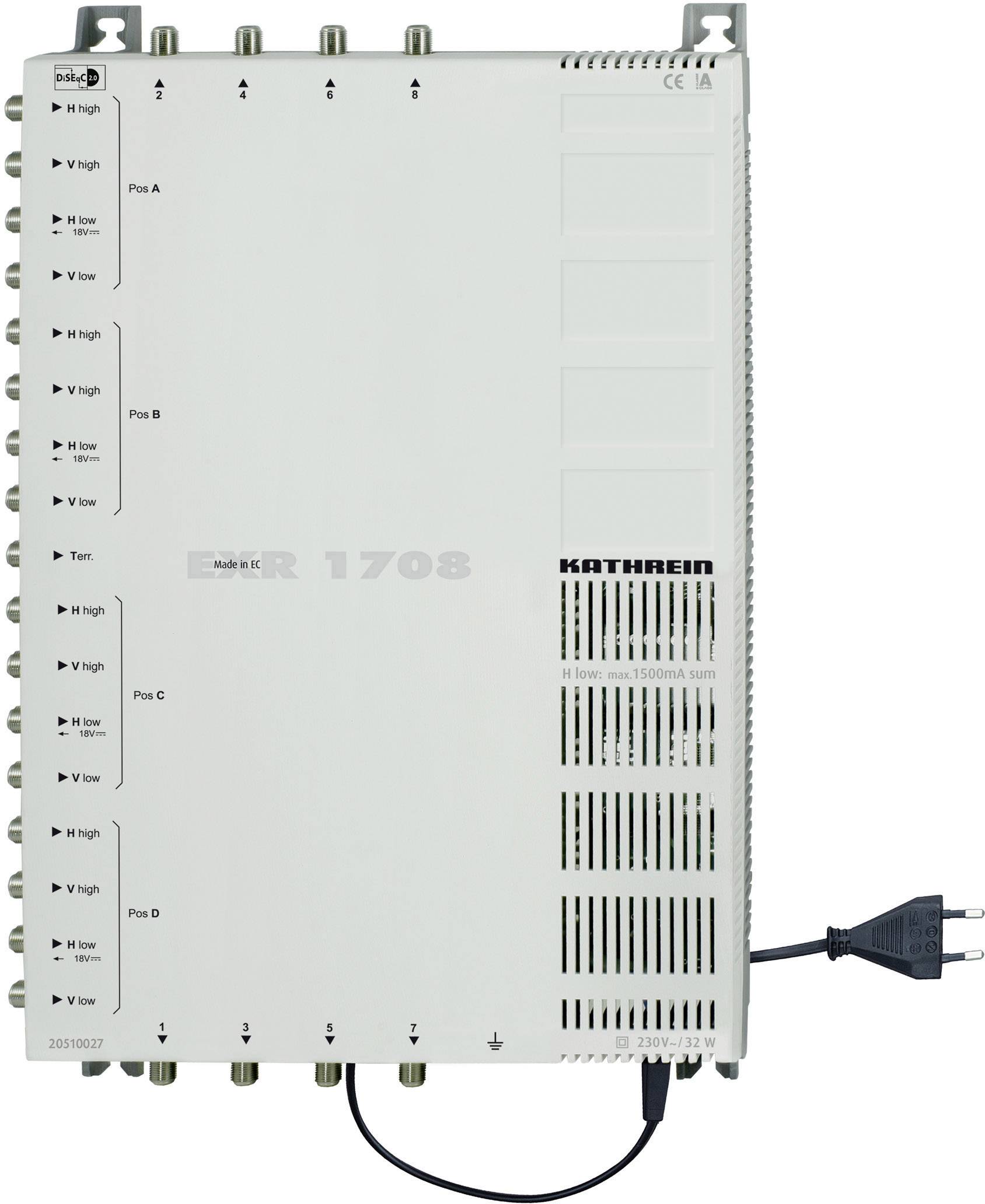 Multiswitch with 16 inputs and power connection by Kathrein, model ER 1708, suitable for satellite installations.