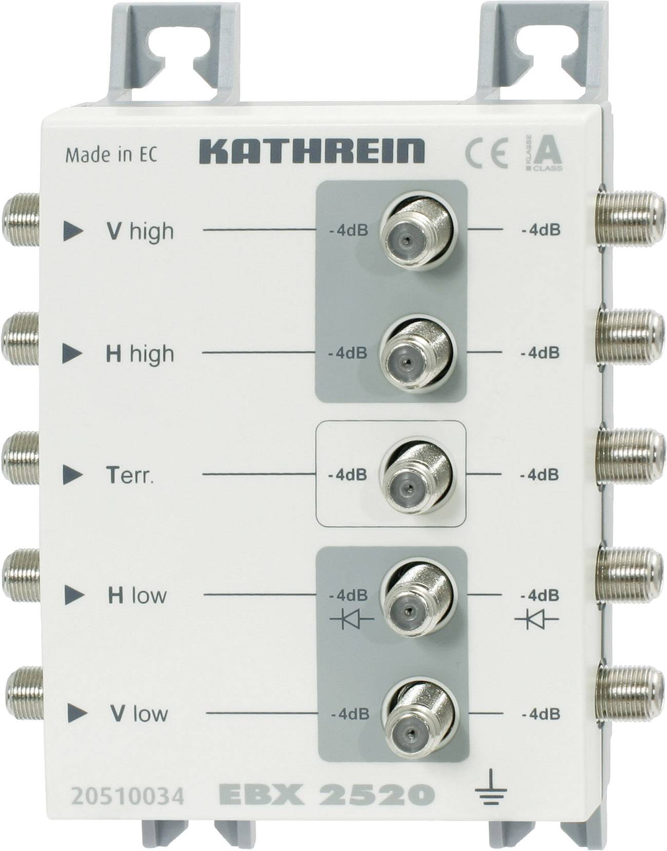 Electronic component with various terminal connectors, marked with 'V high', 'Terr', 'H low'. Manufacturer: 'KATHREIN'.