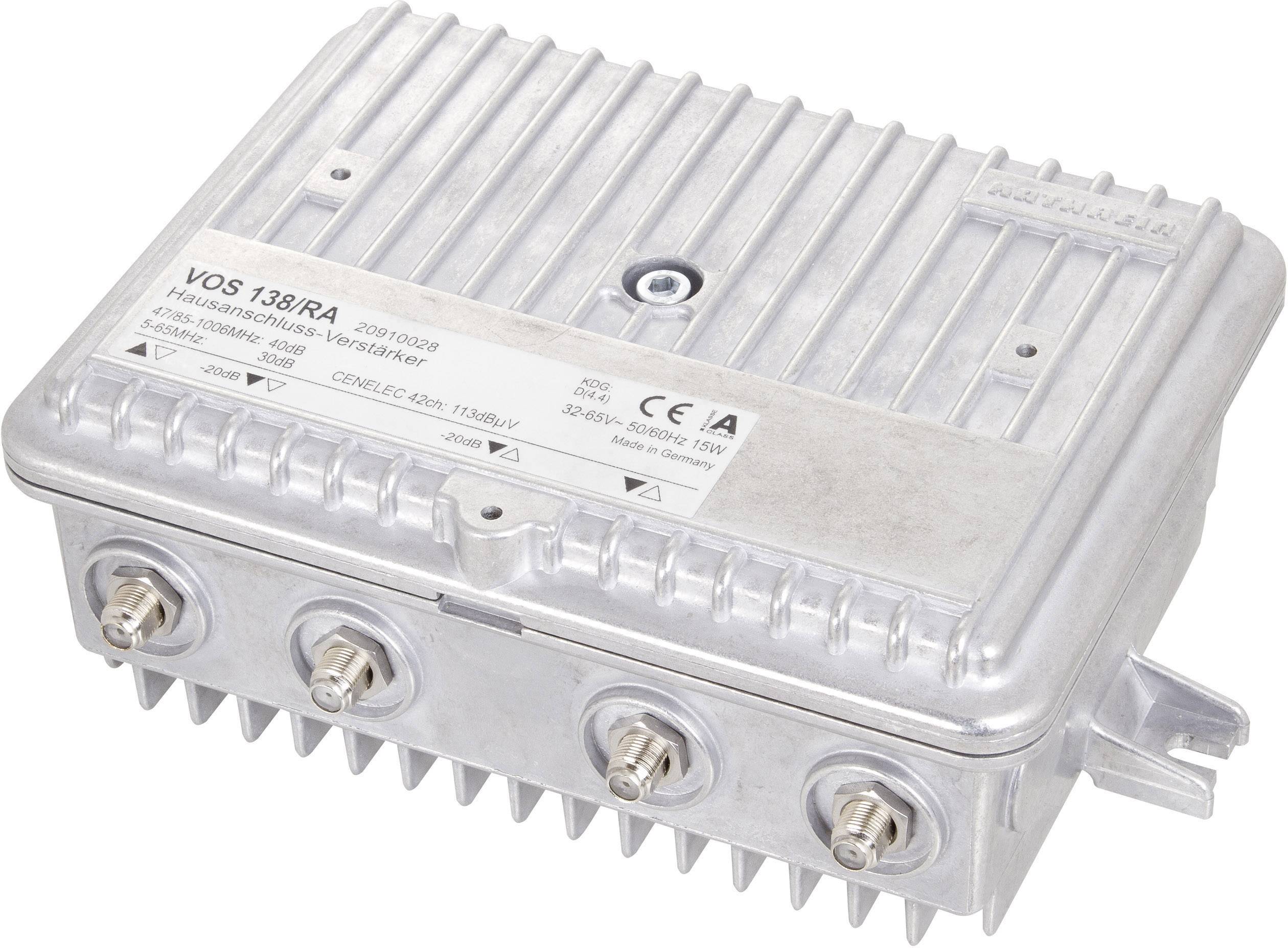 A rectangular, silver, ribbed electronic device with multiple ports on the underside, likely an amplifier or distributor.