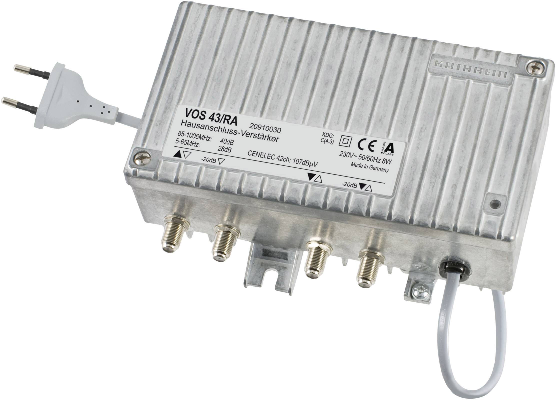 A metal home connection amplifier with four coaxial ports and a power cable on the left. Technical specifications are printed on the casing.