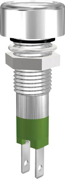 A round, metallic push button with a green base and threaded connection for mounting, suitable for electrical switching applications.