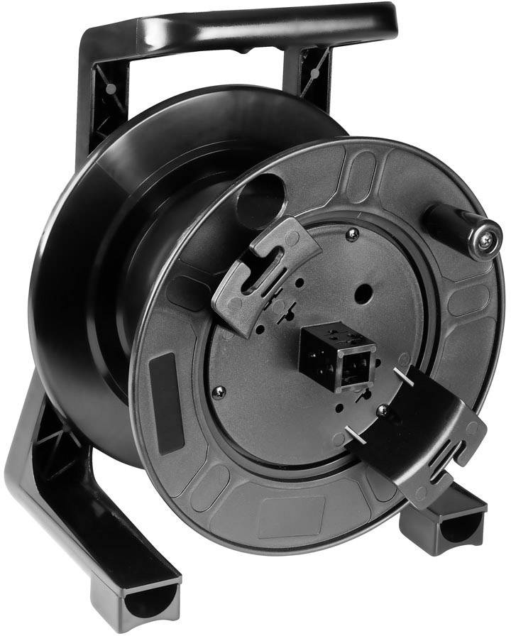 Empty cable drum made of black plastic with carrying handle and robust construction. Suitable for winding cables.