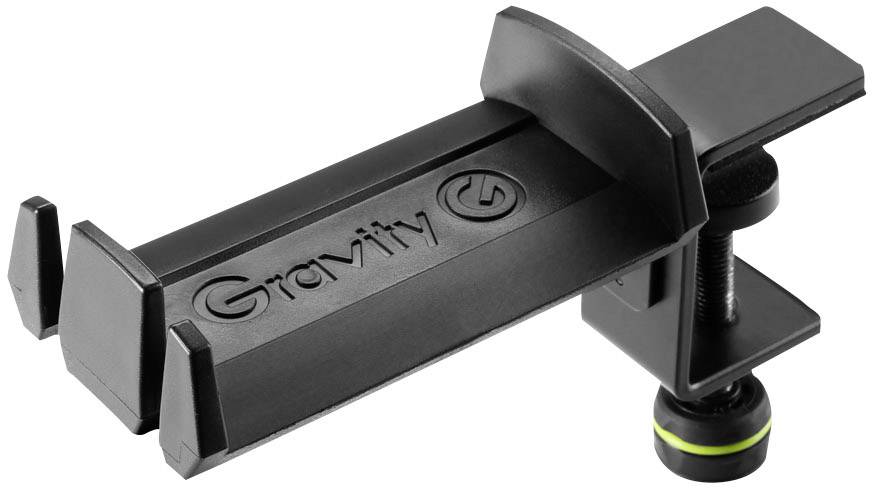 Smartphone holder made of black plastic with a screw clamp, suitable for attaching to table edges or flat surfaces.