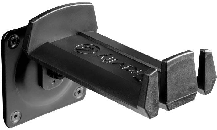 Black wall hook for mounting a guitar neck. Mounted on a rectangular base, with text printed on the top surface.