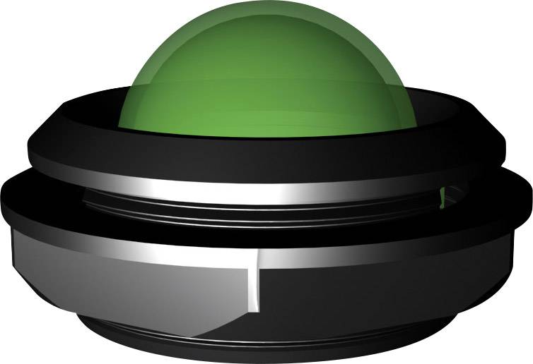 Black, round push button with a green centre in a raised dome shape, typically used for controlling or activating devices.