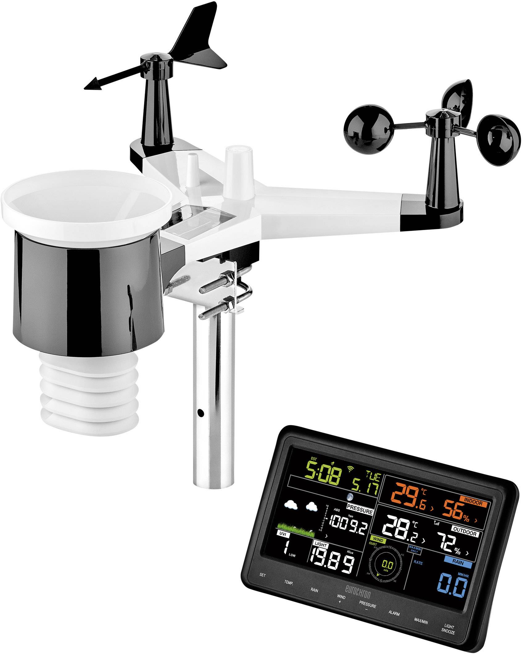 A weather station sensor with wind vane and rain gauge. Beside it, a display showing temperature (29°C), humidity (56%), time (5:08).