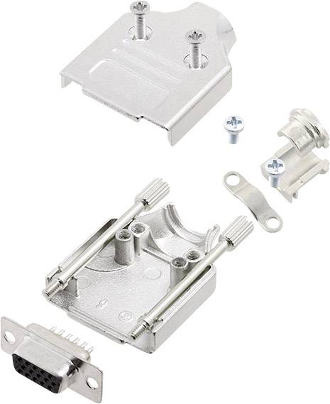 A disassembled D-sub housing with screws and mounting brackets, demonstrating the individual components and assembly method.