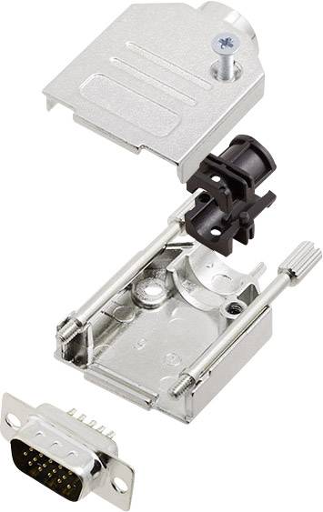 A dismantled DB9 metal connector, comprising a cover, screws, and connector parts, displays the assembly components.