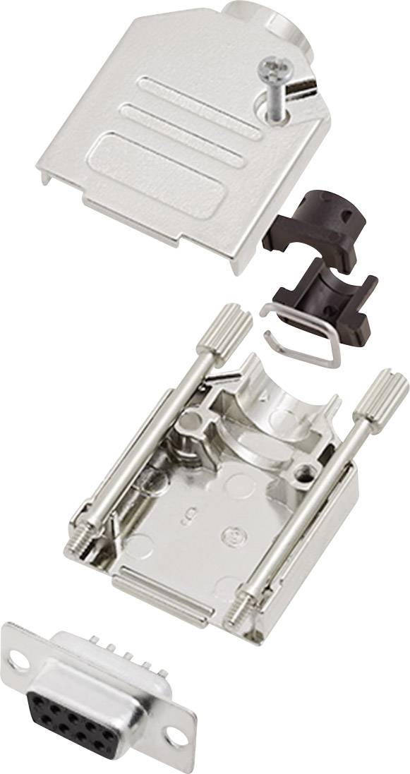 A metallic D-Sub housing, comprising multiple components: upper and lower halves, screw elements, and plastic parts for cable securing.