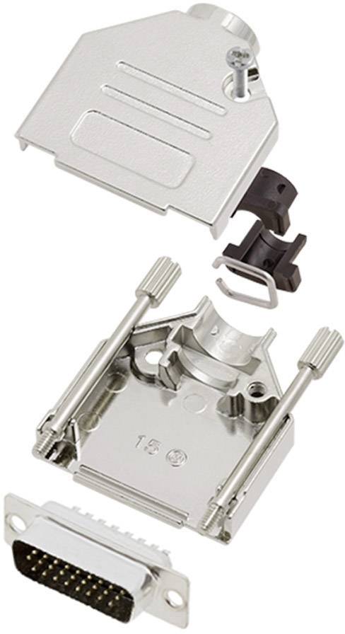 Metal housing of a connector, shown in individual parts. At the top is the housing lid, below are holding clips and the housing base.