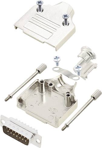 Metal housing set for D-sub plugs with screws and brackets, suitable for mounting cable connectors.