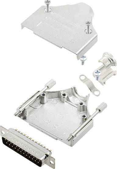 Open housing for D-Sub plug with metallic components, screws and terminals for mounting and connecting cables.
