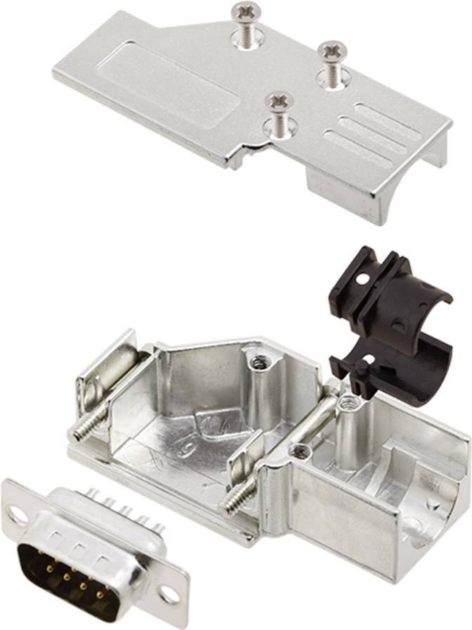 Metal connector housing with open and closed view, including plastic clip, D-Sub connector, suitable for electronic connections.