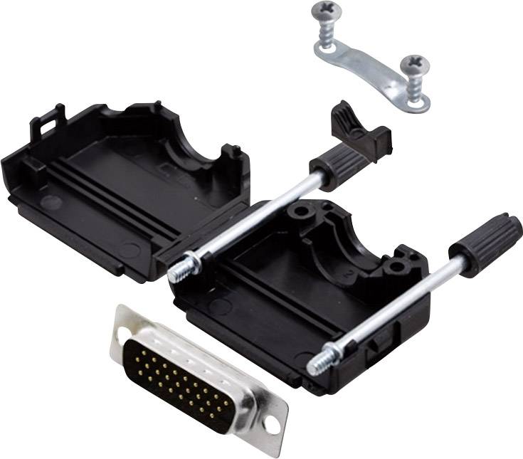 An open black housing for a D-Sub connector with two screws and a metal mounting bracket; visible connector with 15 pins.
