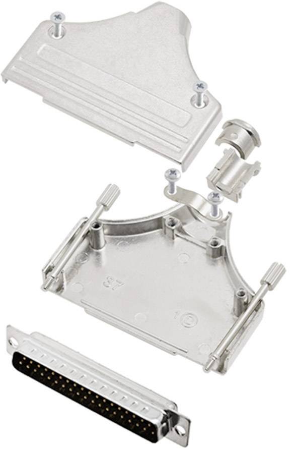 Disassembled metal cover of a D-sub connector with screws and cable mounting bracket. Housing components and plug are visible.
