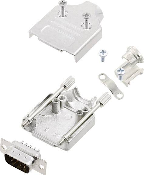Metal connector housing in individual parts, showing upper and lower shell, screws, a cable clamp and a D-sub connector.