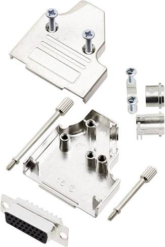 Metal housing set for D-Sub plug, comprising top and bottom sections, screws and cable socket, for shielding and stabilising connections.