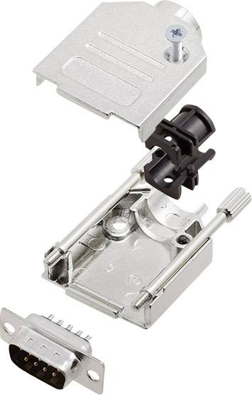 Exploded view of a connector with a metal housing, screws, and cable clamp, showing the individual components and their assembly.
