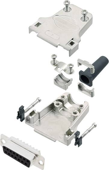 Metal casing for a connector shows its individual parts, including a top and bottom section, screws, and a cable gland.