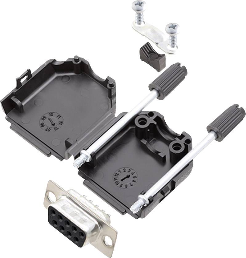 An open black housing for a D-Sub connector with screws, covers, and connection pieces for cable mounting.