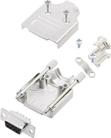 Disassembled metal housing of a D-Sub connector with screws and sleeve. Upper and lower parts displaying the assembly components.