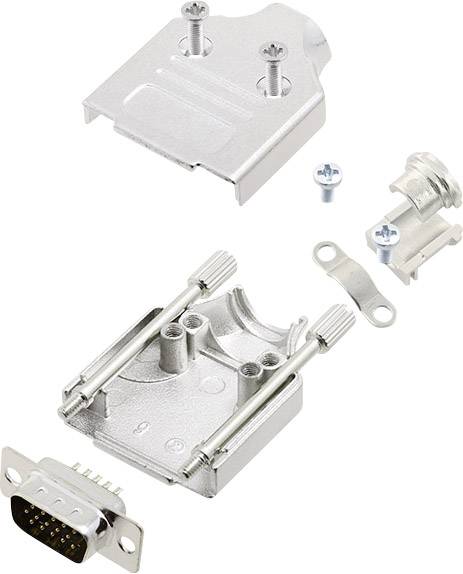 Metal housing for D-sub plug, consisting of top and bottom sections, screws, cable gland and connector; for cable mounting.
