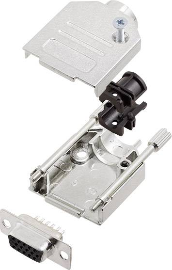 Metal casing for VGA plug shown in individual components: upper cover, mounting bracket, screw connections, and socket.