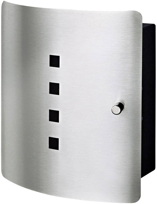 Silver postbox with four square, vertically arranged slots and a round button on the right side.