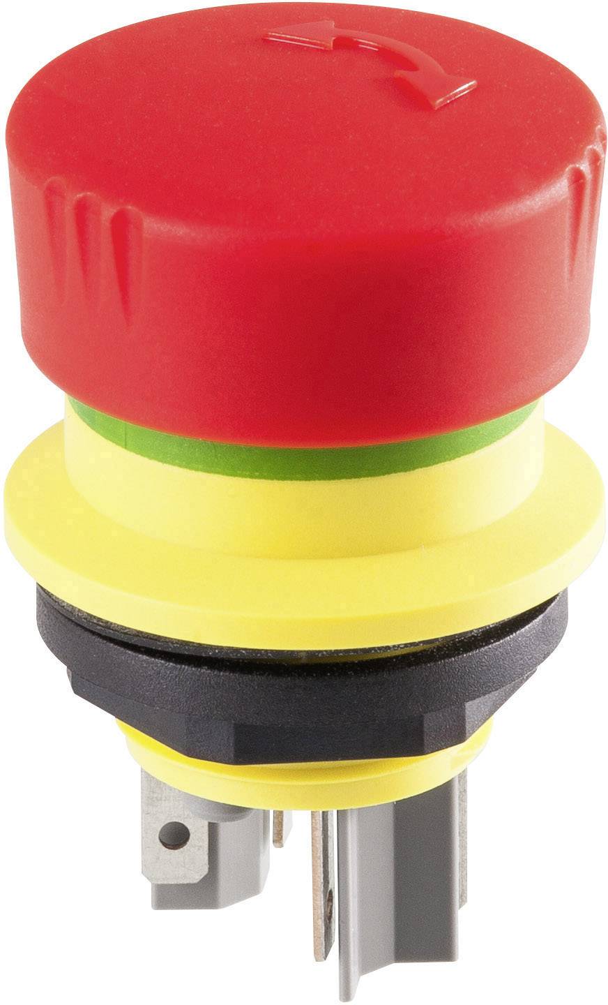 A red emergency stop switch with yellow and green rings, mounted on a black base with metal connectors.