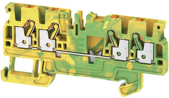 Yellow-green terminal block with metal elements for electrical connection. Ideal for industrial applications for cable fastening.