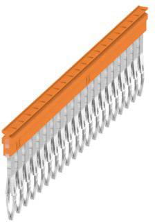 Long orange cable trunking with suspended silver clips. Suitable for organising and routing cables in electrical cabinets.