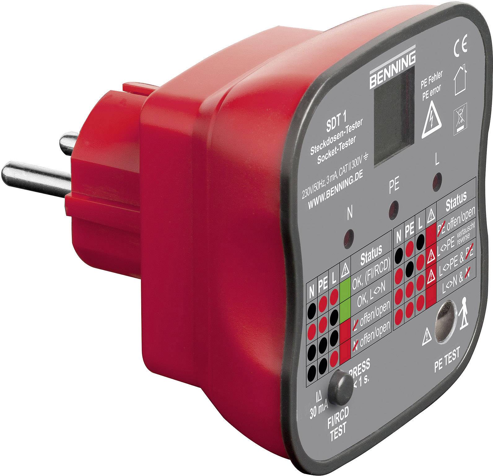 A red socket tester device with indicator lights for checking electrical circuits for safety and functionality.