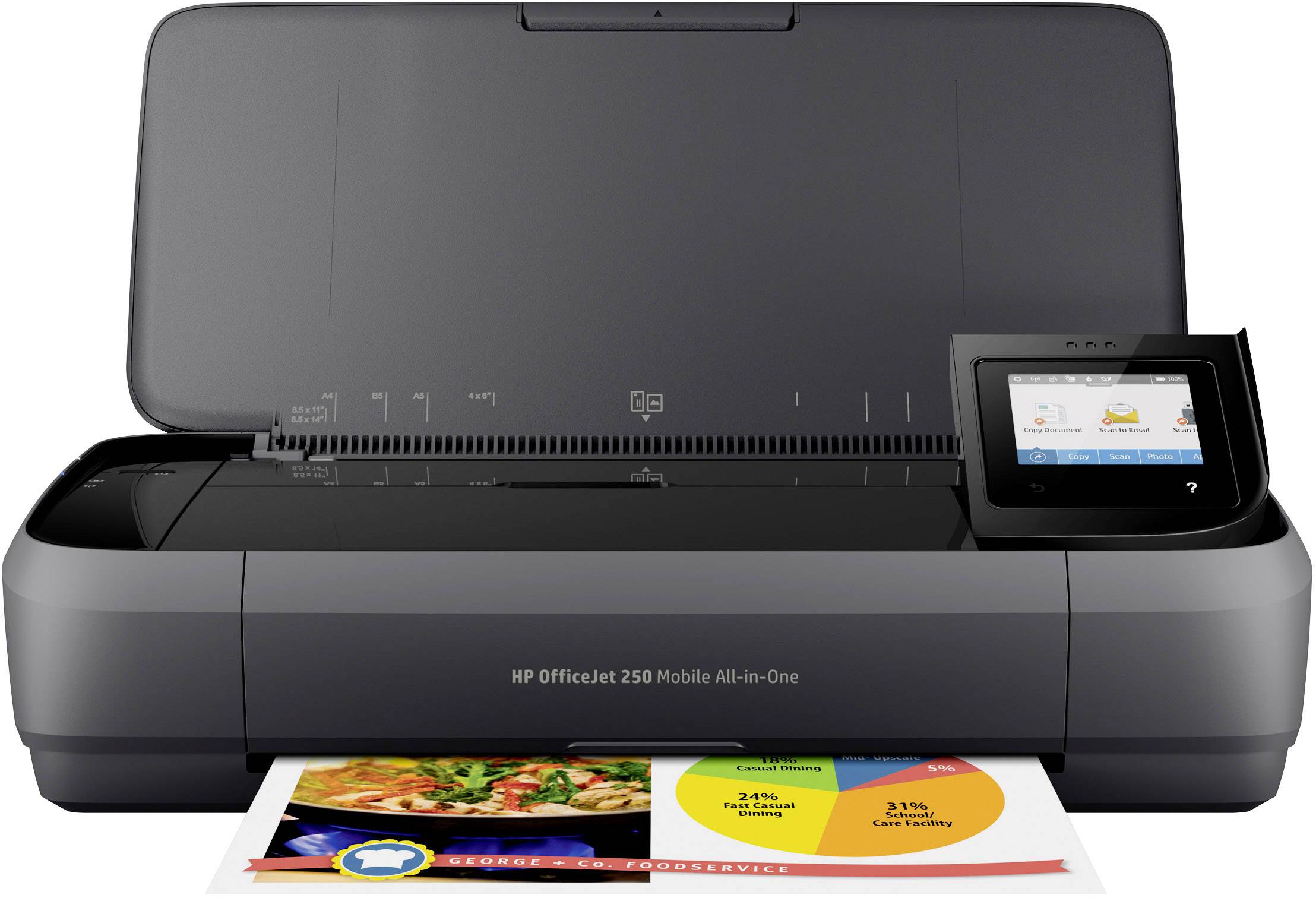 A mobile HP OfficeJet 250 printer in operation, printing a colour document. The display shows print options.