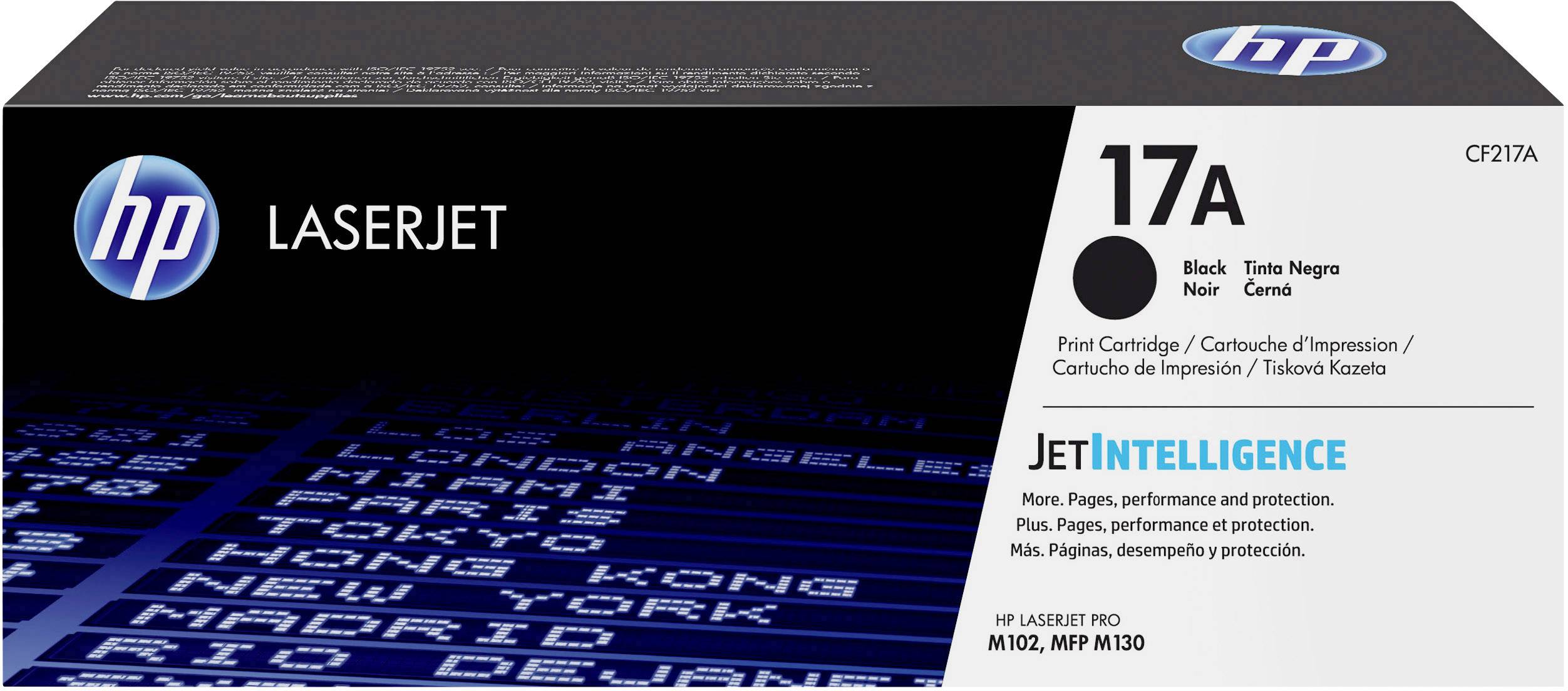HP LaserJet 17A Black Printer Cartridge for Printer Models M102, MFP M130. Packaging with 'JetIntelligence' indicator.