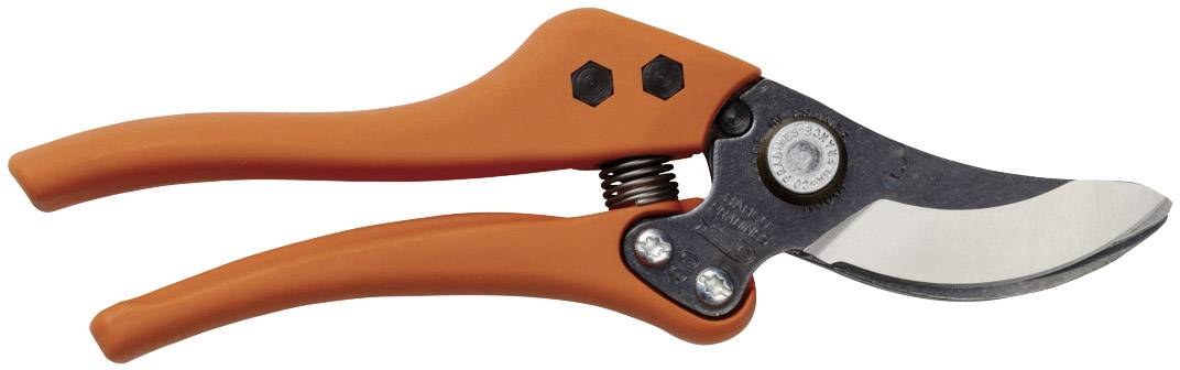 An orange-handled pruning shears with a metallic blade and spring mechanism, suitable for garden work such as pruning branches and shrubs.