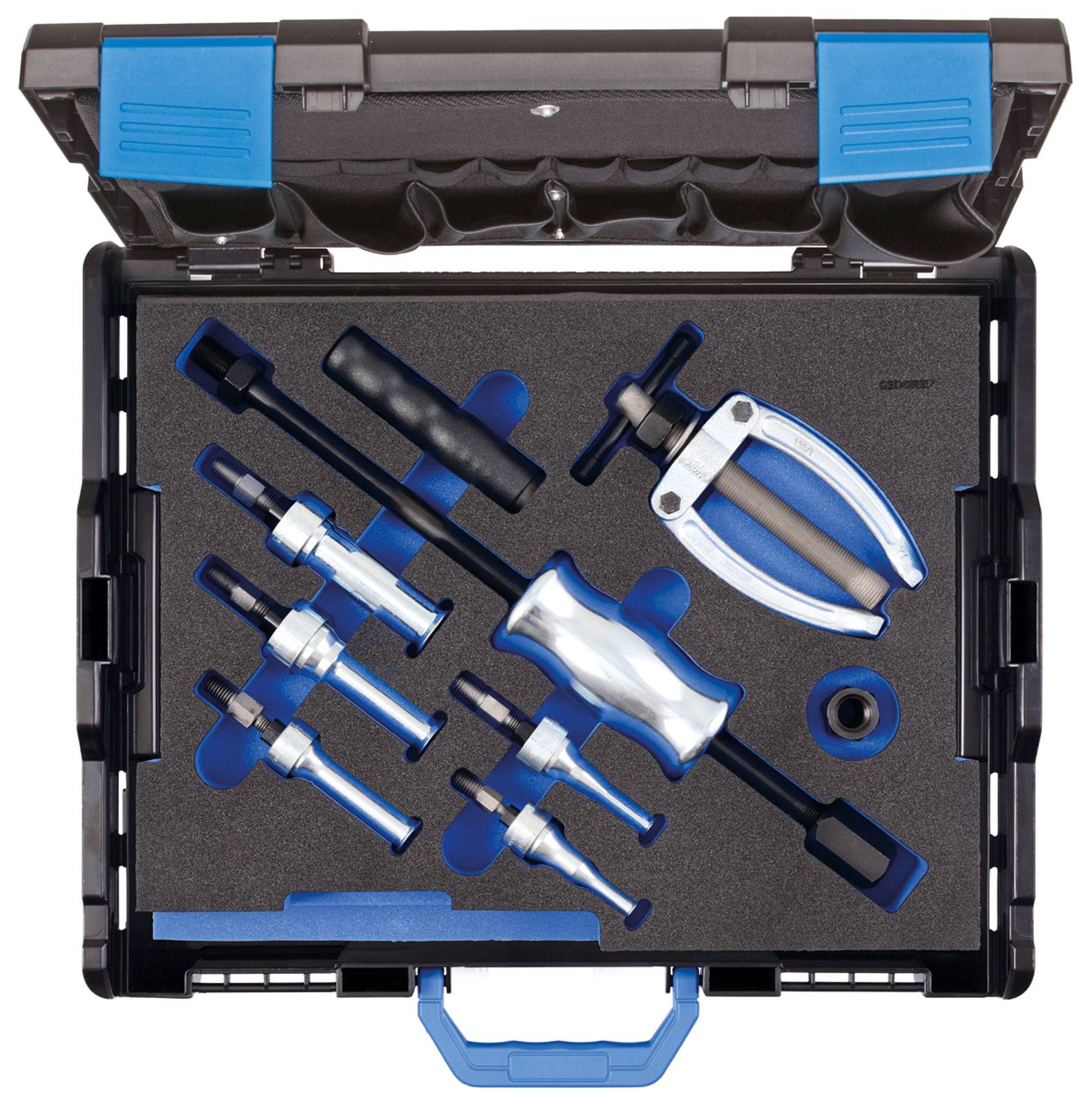 Toolbox with various tools, including screwdrivers, cutting screws and pliers. Plastic insert for secure storage.