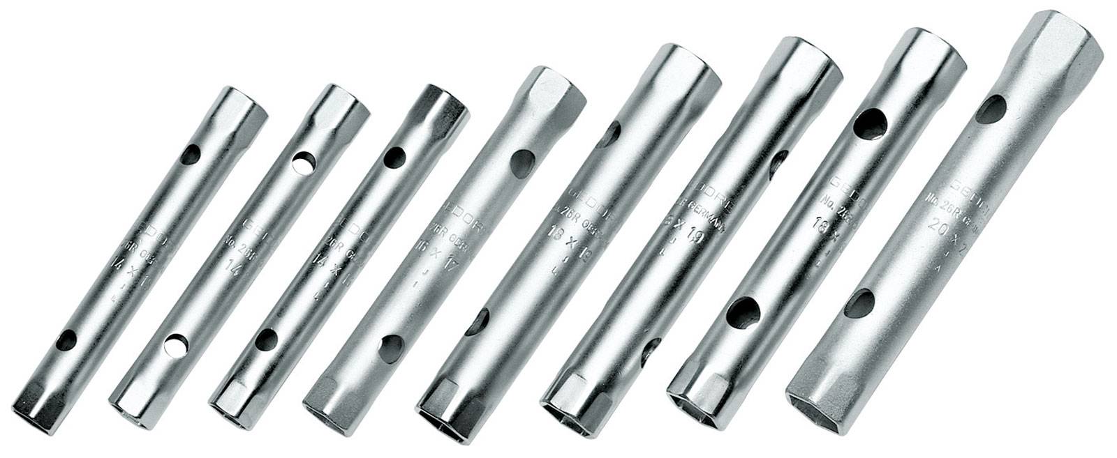Eight silver, different sizes of double-ended/ring spanners laid side by side on a white background.