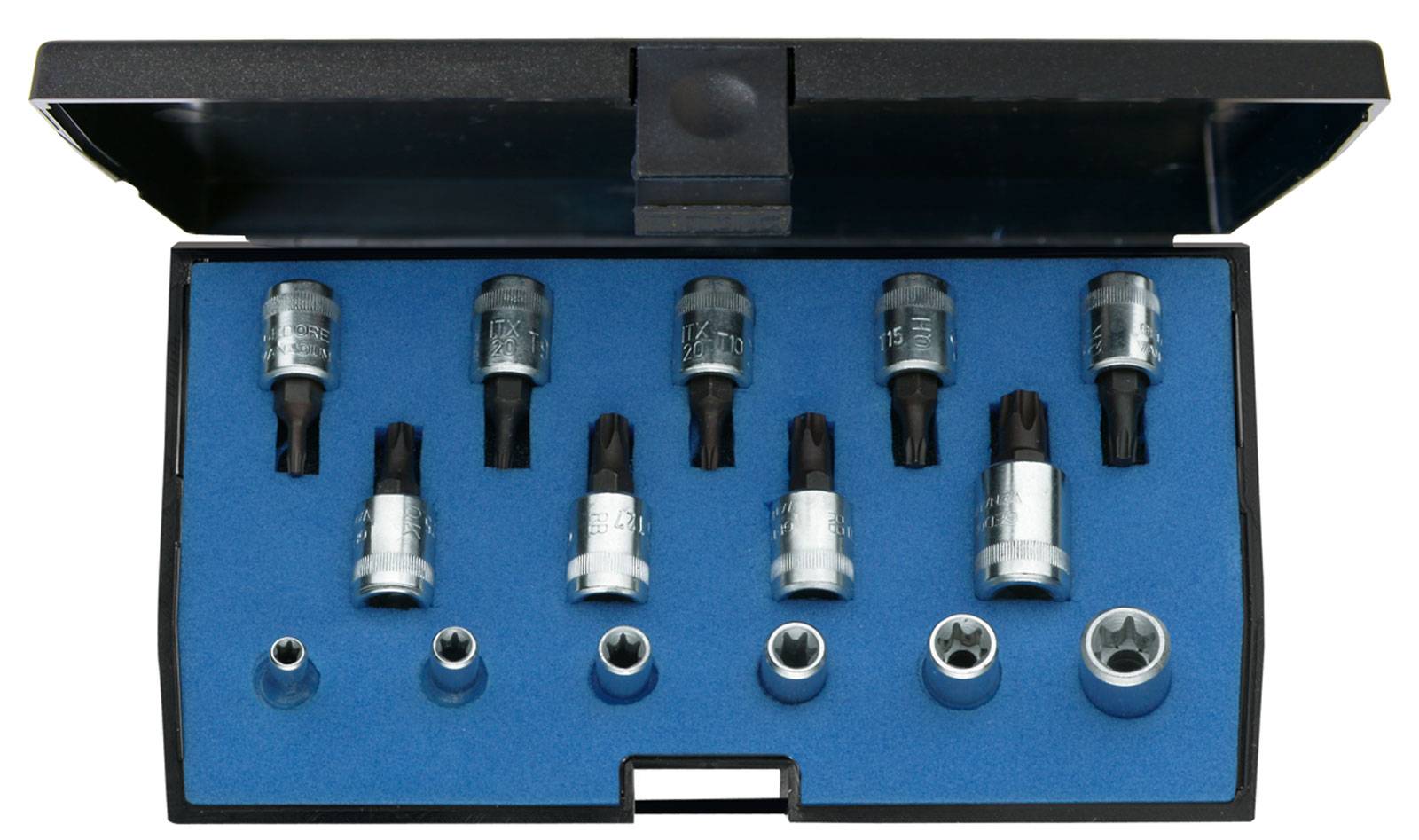 A set of fifteen bits and sockets in an open black box with a blue lining. Contains various bit types and sizes.
