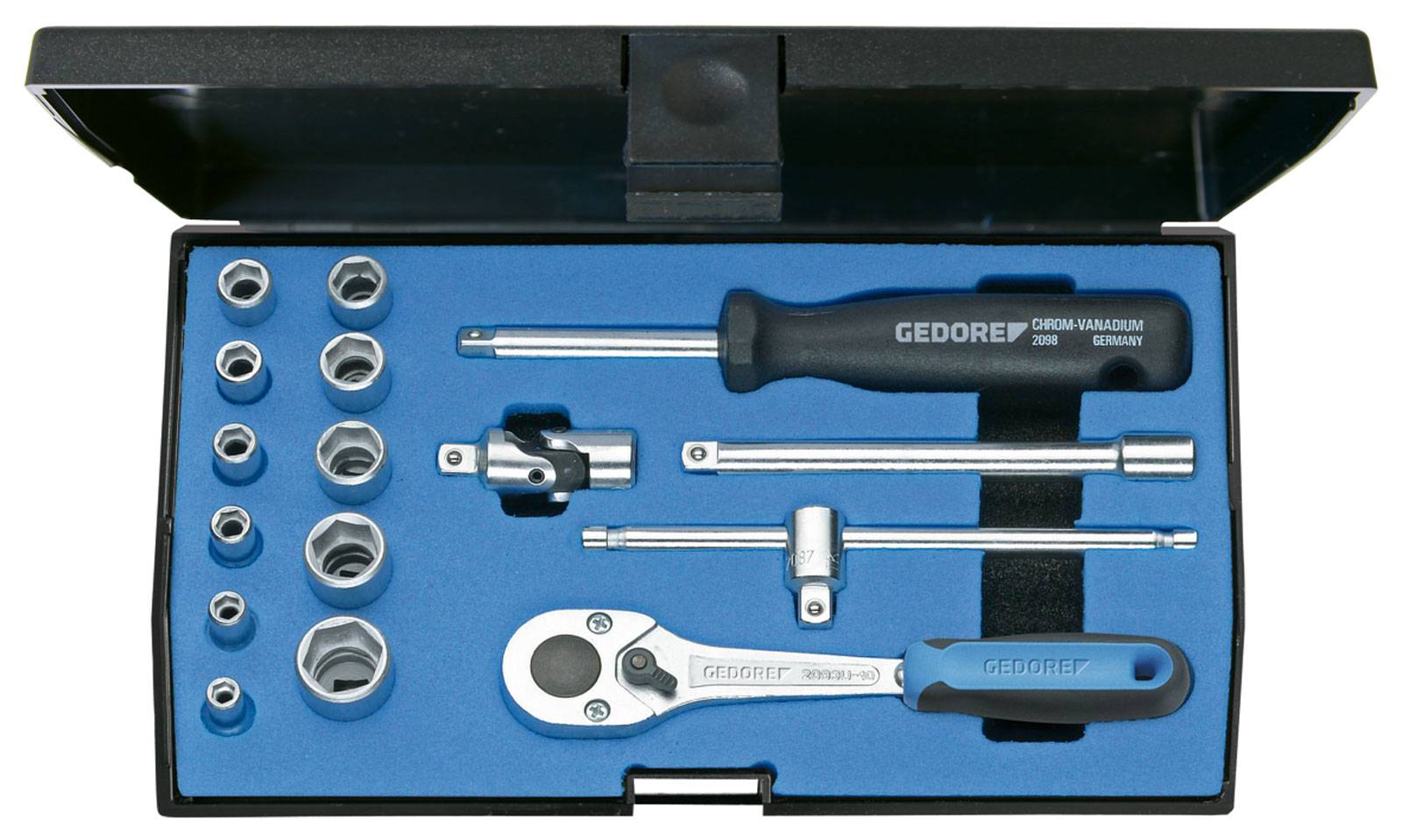 Socket wrench set in a black case with blue interior. Contains ratchet, extensions, screwdriver handle and various sockets.