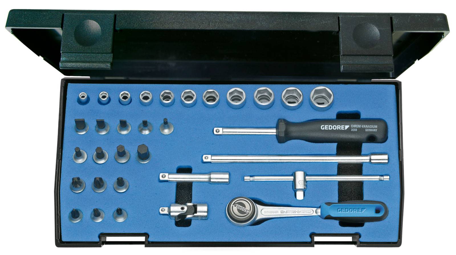 A case containing a socket set comprising nuts, extensions, ratchet spanner, and screwdriver handle.
