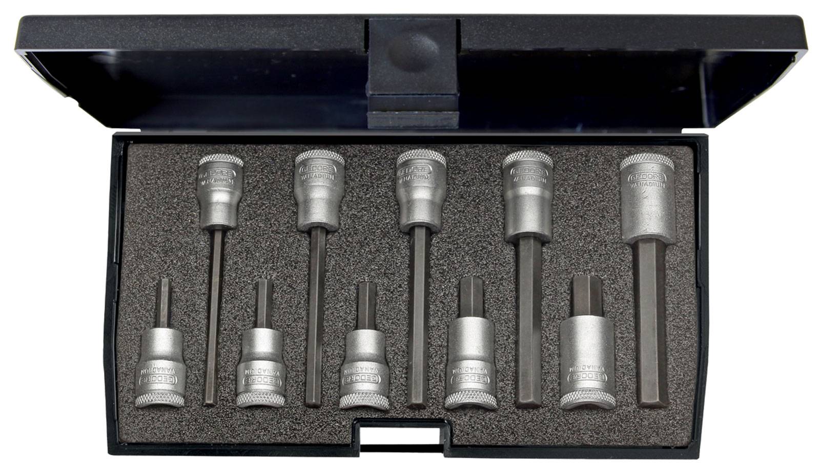 A set of nine hexagonal Allen bits arranged in a black case, suitable for versatile applications in DIY projects.