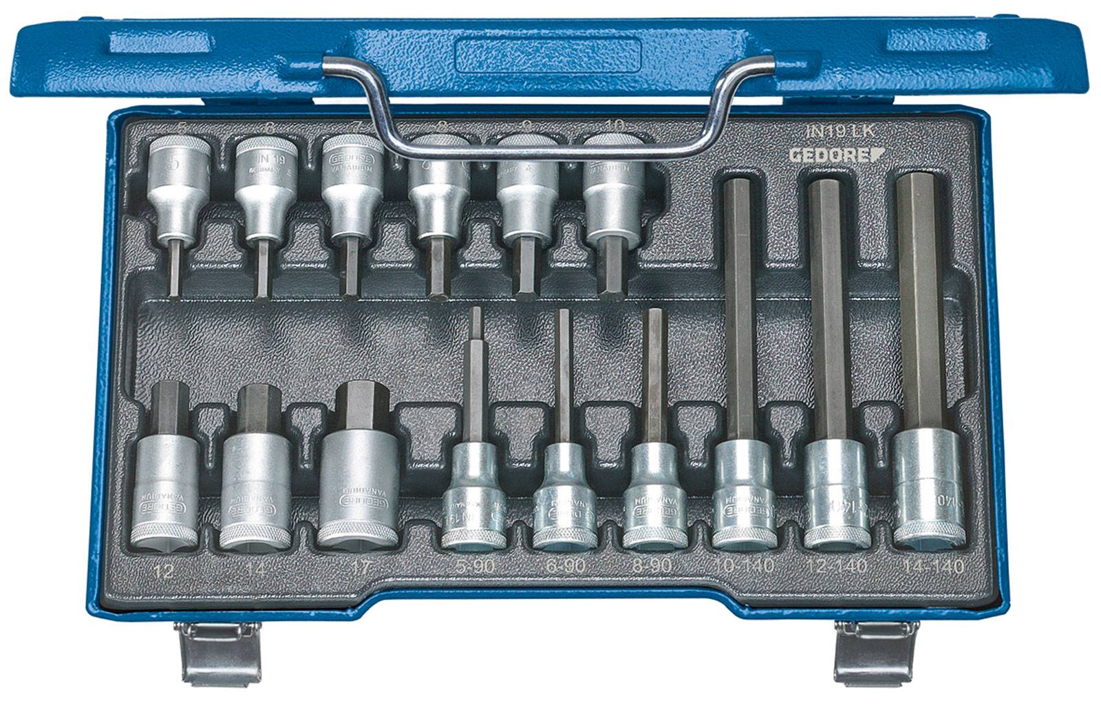An open blue toolbox containing an 18-piece set of Allen keys in various sizes, arranged in a foam insert.