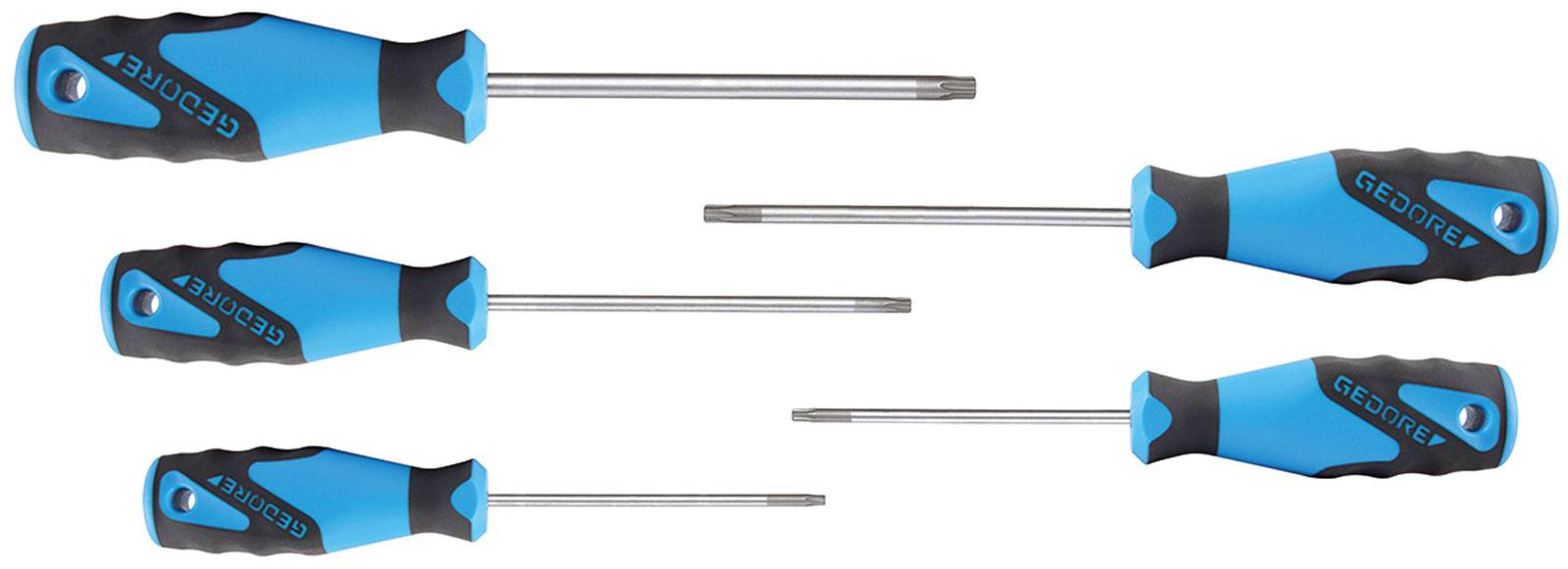 Five screwdrivers with blue-black handles in different sizes, arranged horizontally. The brand name 'Gedore' is printed on the handles.