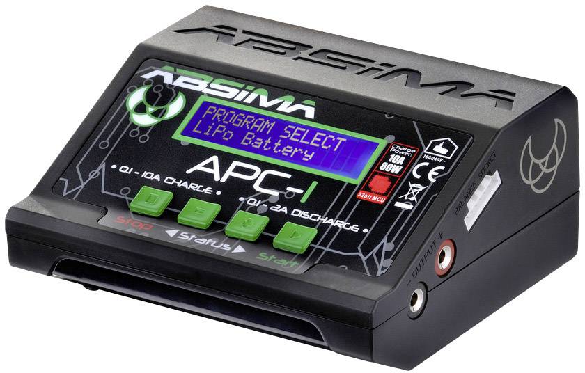 A charger with a digital display shows 'PROGRAM SELECT LiPo Battery'. It has four control buttons and two sockets on the right.
