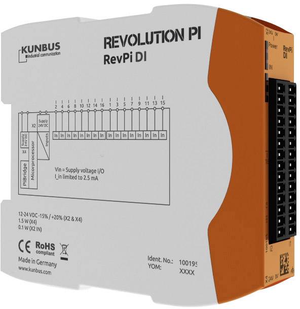 An orange industrial computer module with 'REVOLUTION PI RevPi DI' inscription. Shows connection options and technical details.