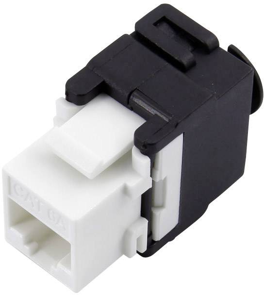 Black and white CAT 6A keystone module for network cabling.