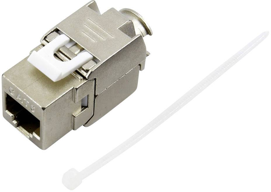 Metallic RJ45 plug beside a white cable tie.